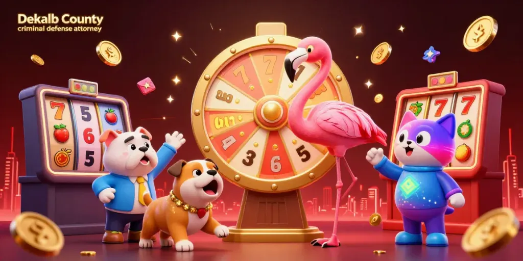 Engaging scene with flamingo game show host and bulldog contestant showing DeKalb County criminal defense attorney on prize wheel.