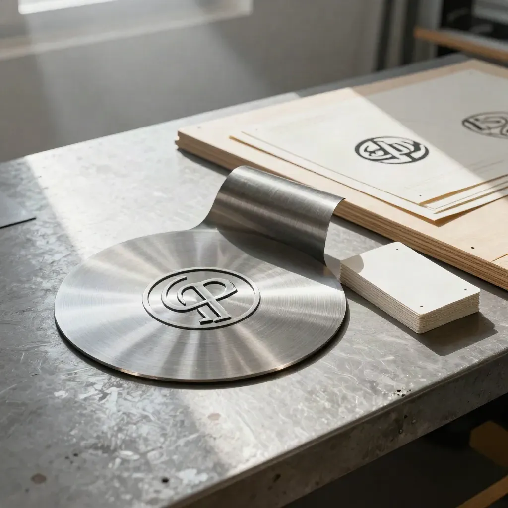 Print studio bench with logo plates, vinyl masters, and proof cards in moody light.