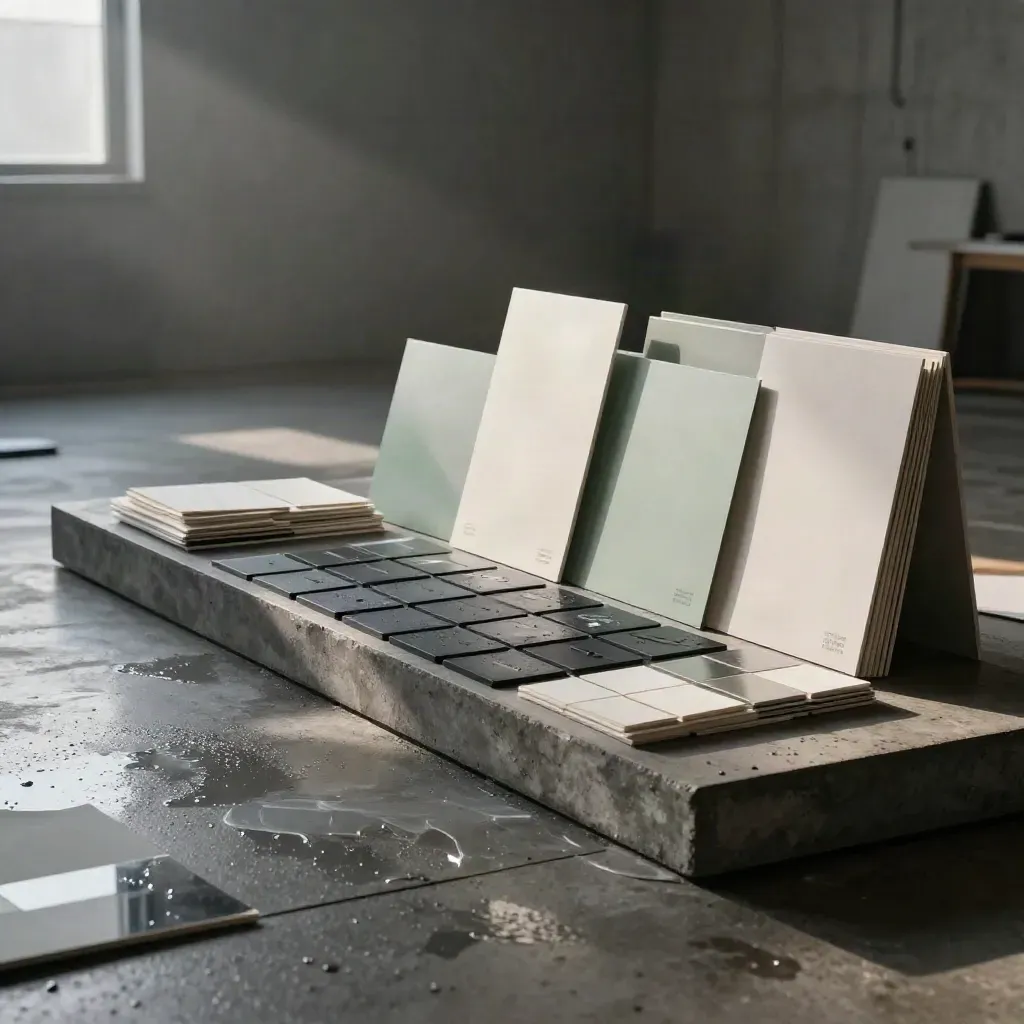 Rain-damp design identity installation on a concrete plinth, lit by dawn haze.