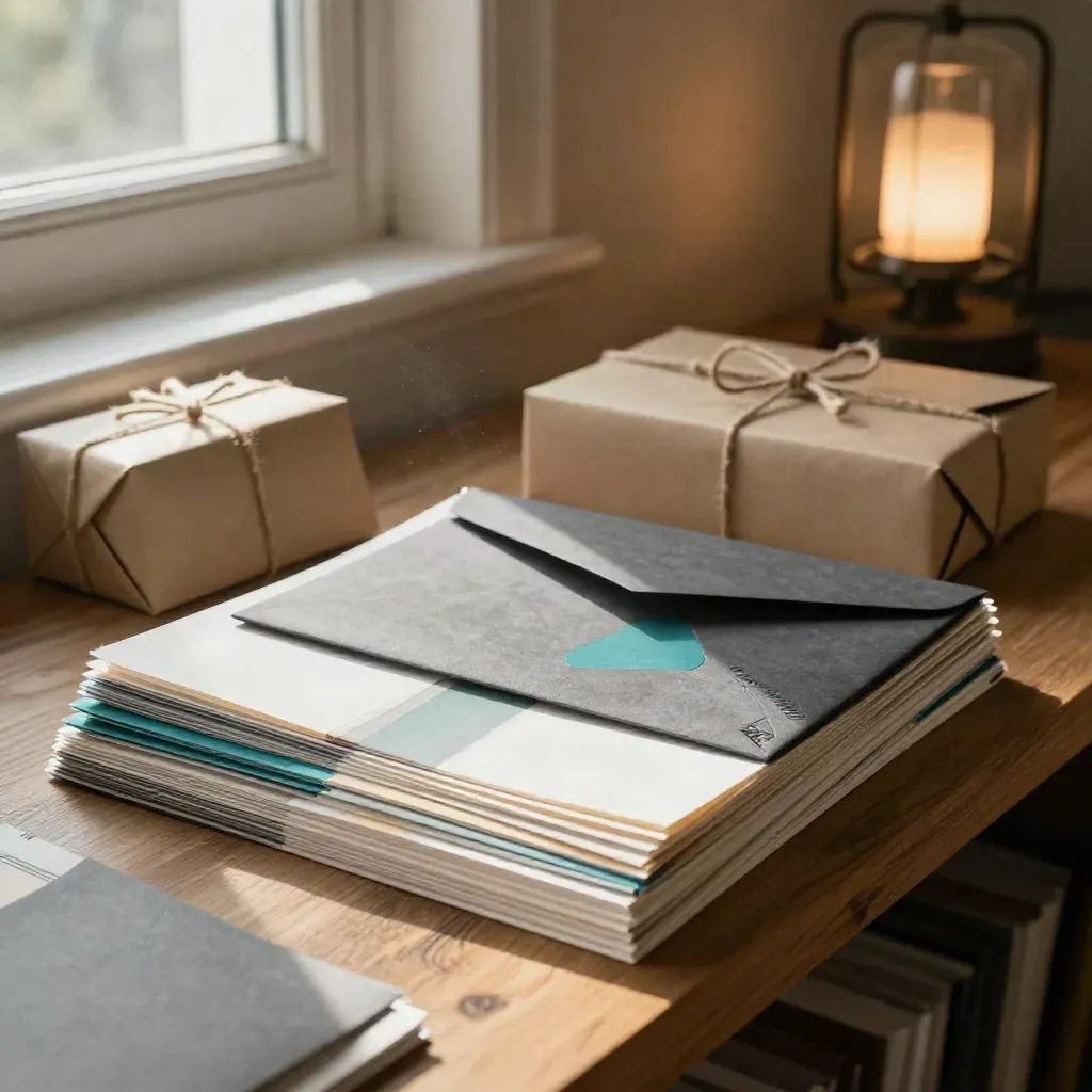 Brand identity package with swatches, folder, envelope, cards and sealed box on warm oak.