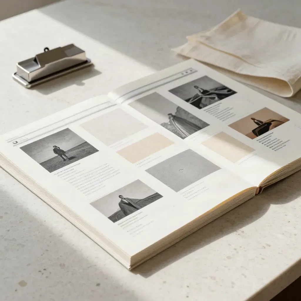 Layered website layout boards on a travertine table in soft daylight.