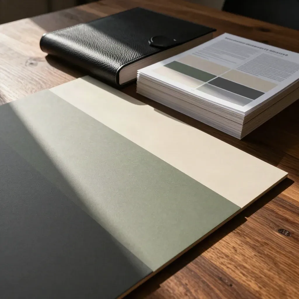 Pitch deck materials arranged in a cinematic studio still life on a dark table.