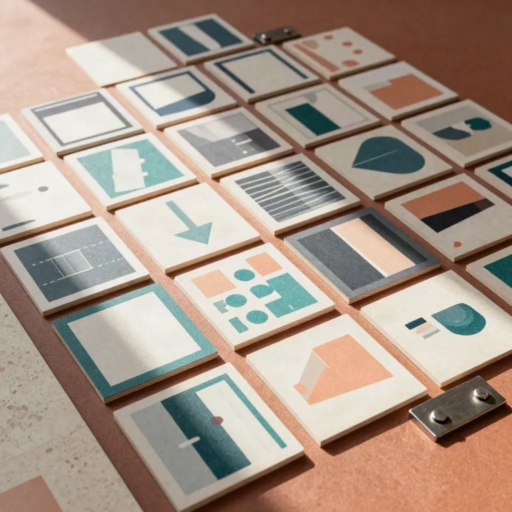 Flat lay of modular social graphics cards with teal accents on a terracotta studio surface.