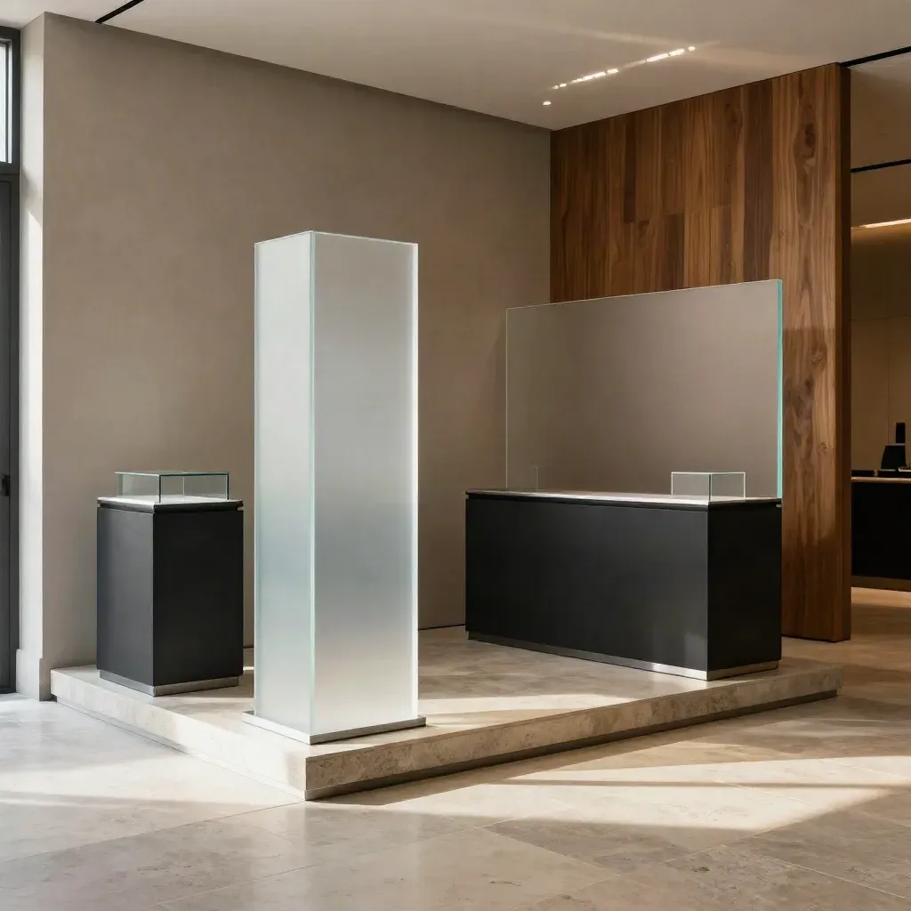 Fintech demo suite with black plinths, frosted acrylic forms, and warm window light.