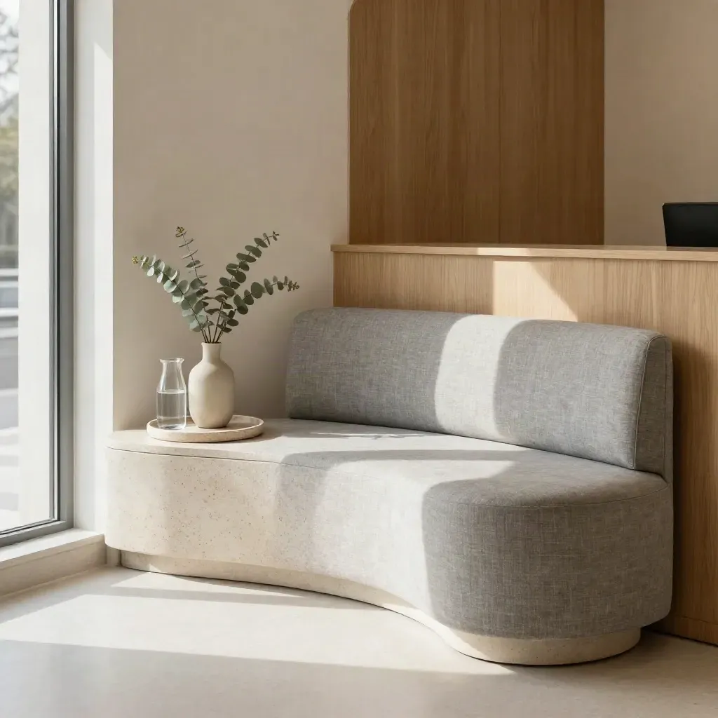 Serene clinic reception with linen seating, stone ledge, water carafe and soft morning light.