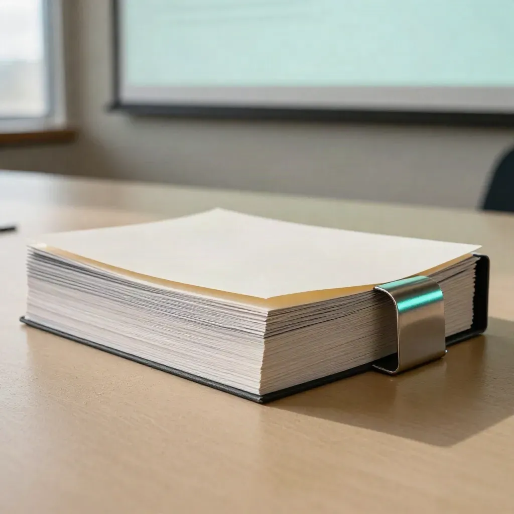 Stacked pitch deck folios and brushed metal easel under teal projection glow in a dim room