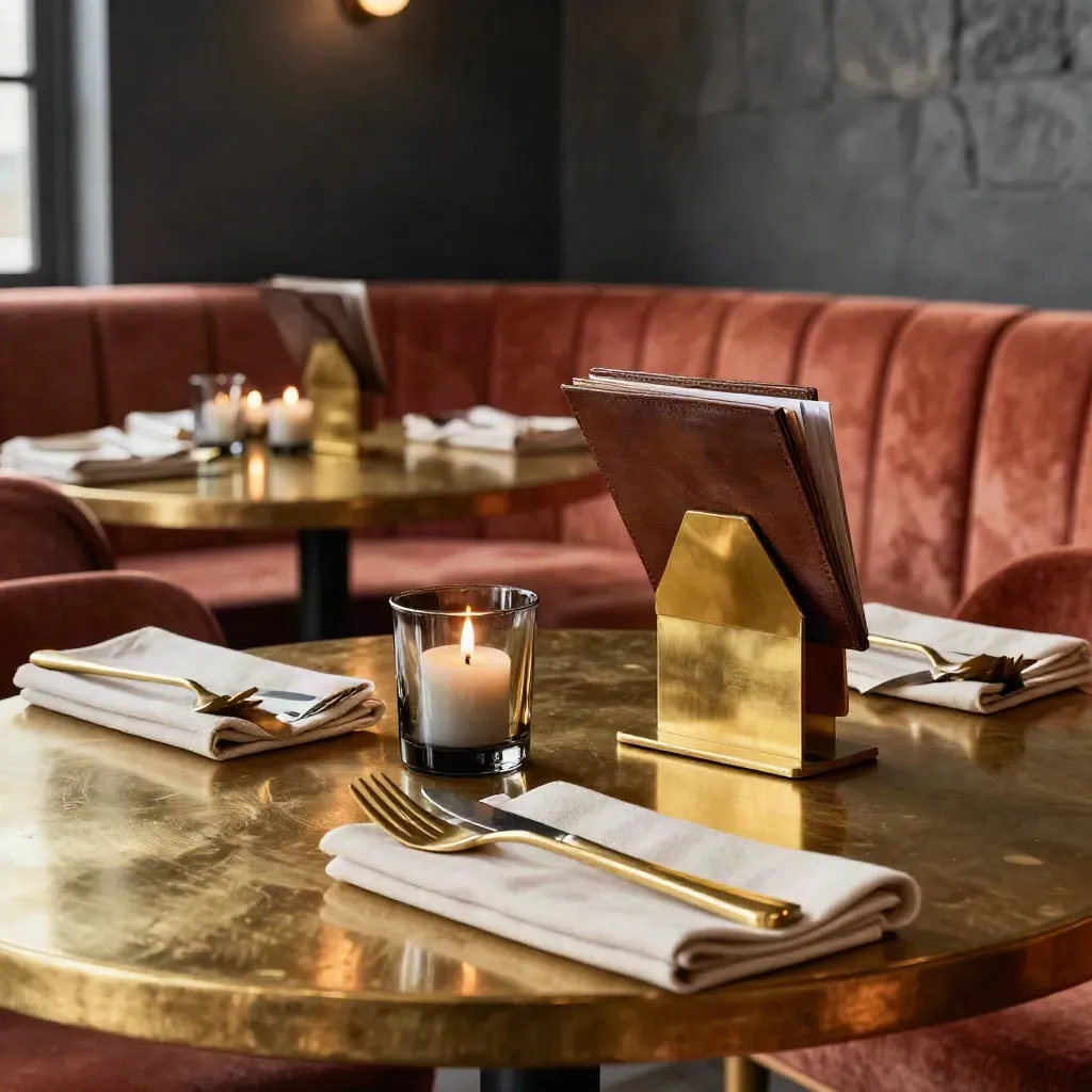 Moody brass-accented restaurant interior set for dinner with linen, candles and host stand.