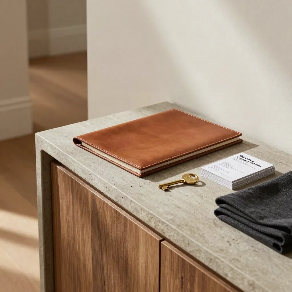 Stone console with oak joinery, brass keys, and leather folio in a finished show-home entry