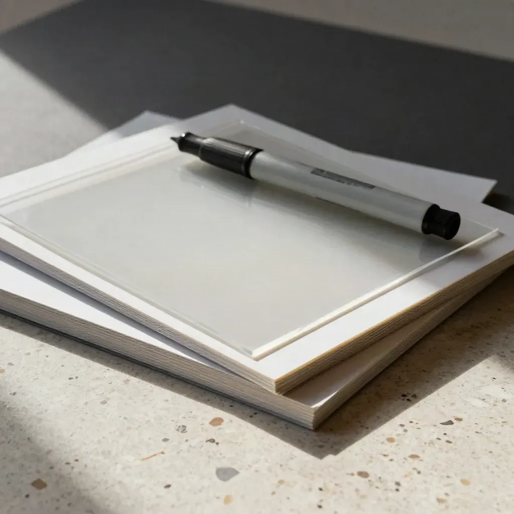 Creative director tools on travertine: boards, acetate overlays, swatch ring, marker.