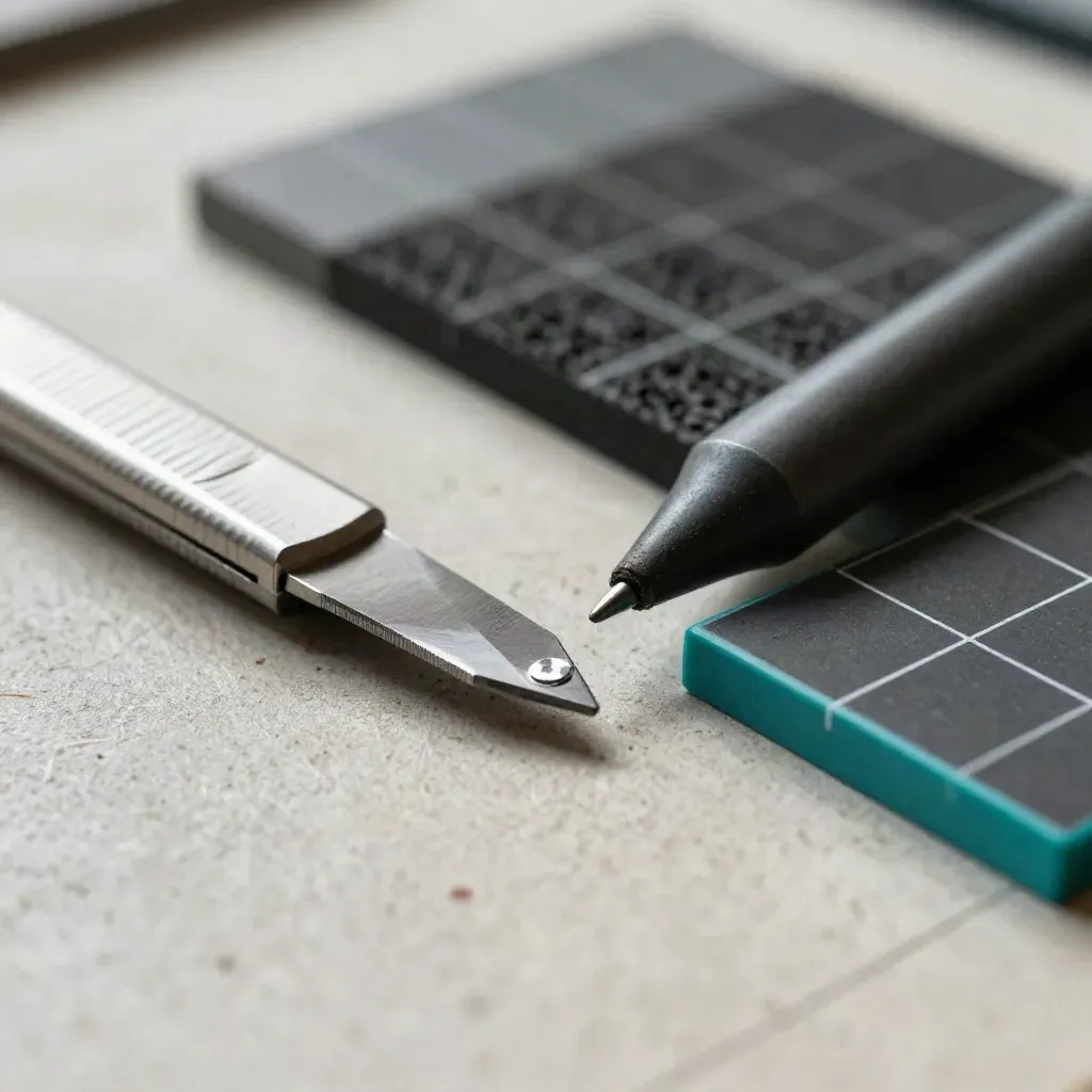 Macro toolkit still life with knife, stylus, graphite block and grid tiles on concrete.