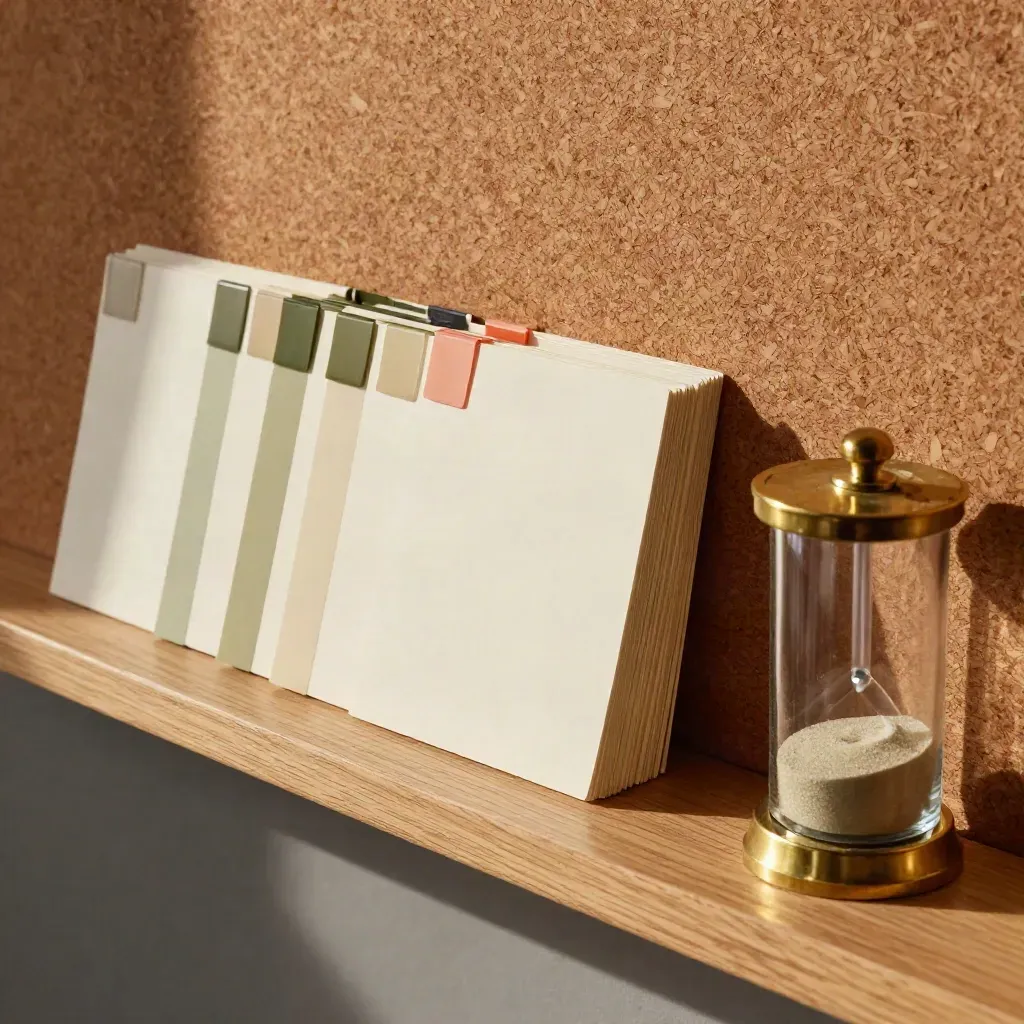 Blank index cards, binder tabs, brass paperweight and glass timer on a cork planning wall.