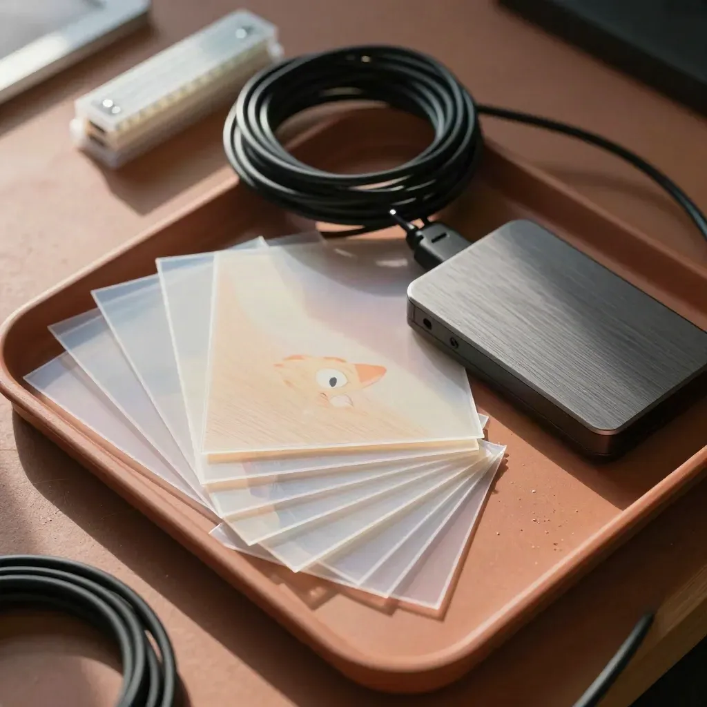 Top-down still life of motion design tools on a terracotta work surface in soft daylight.