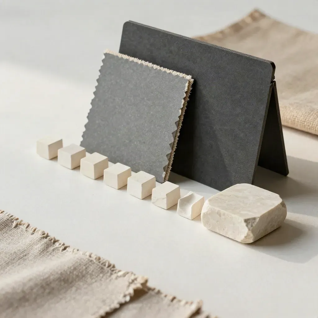 Paint chips, fabric swatch, charcoal card and stone sample on a plaster sweep.