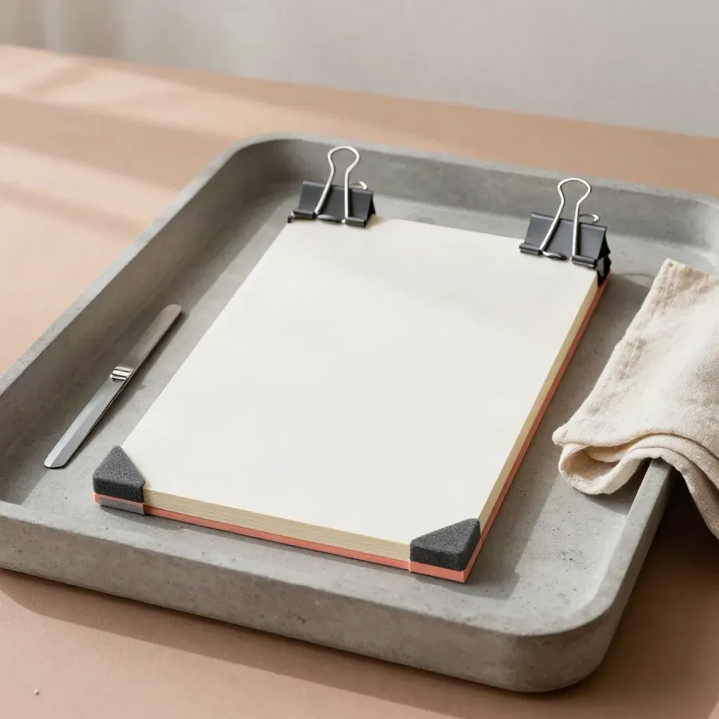 Overhead tray still life with mockup board, clips, blade, foam corners, and linen cloth