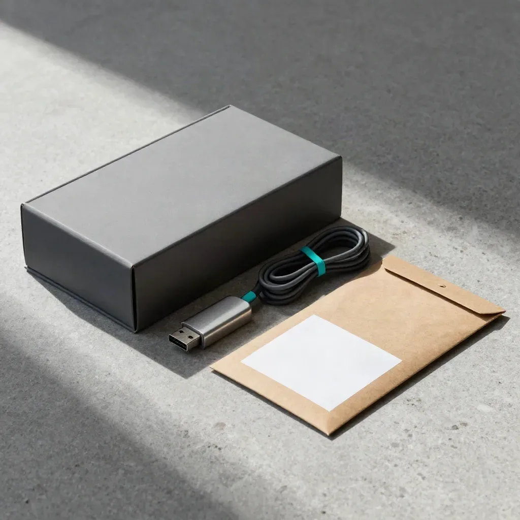 Launch-support still life with sealed box, USB drive, cable and mailer
