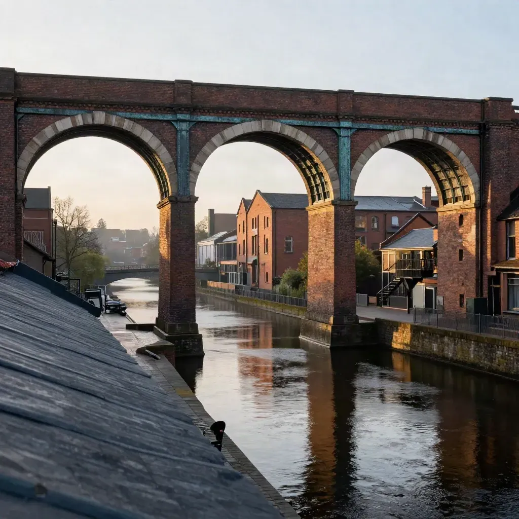 Castlefield viaducts over still canals at dusk, with haze, wet brick and quiet reflections