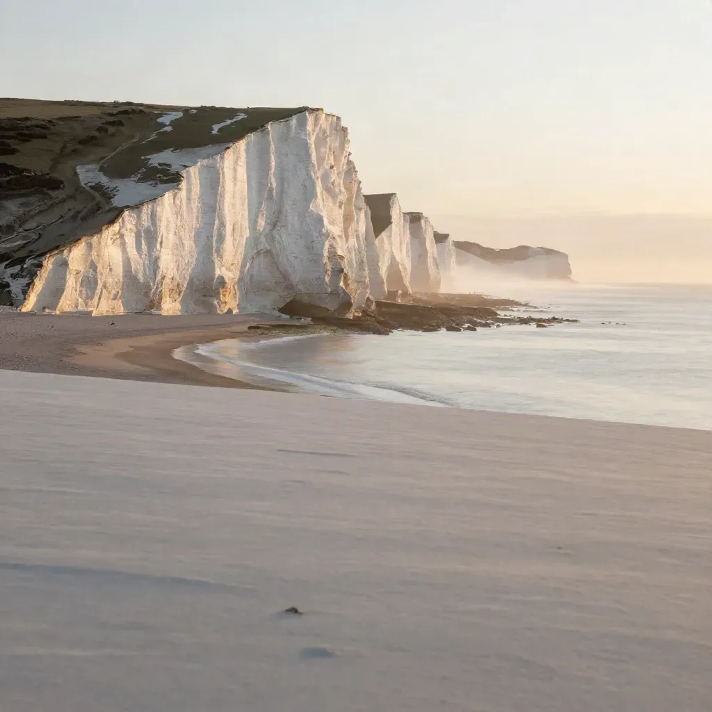 Sunlit White Cliffs with misty sea horizon and calm chalk foreground