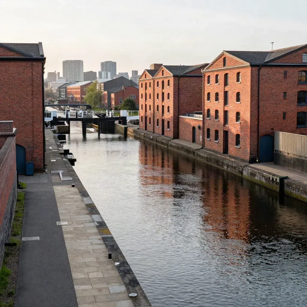 Raised bridge view of Birmingham canal, red brick skyline above calm water and haze