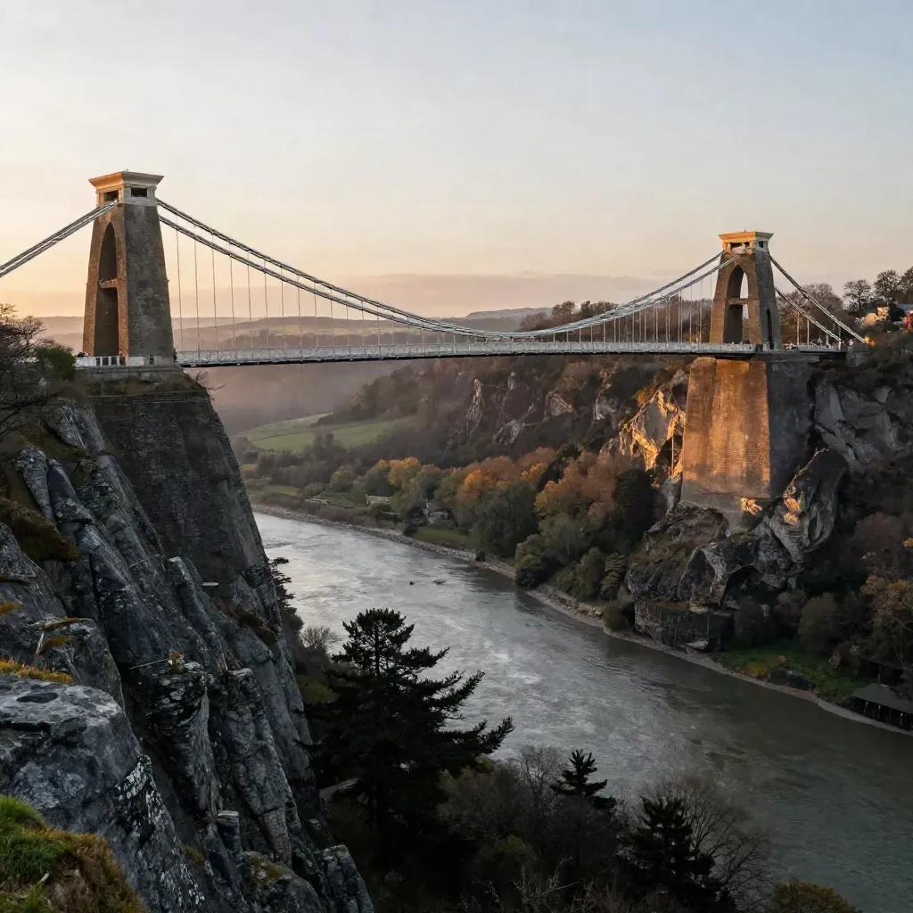 Clifton Suspension Bridge spans the Avon Gorge at sunset above a hazy South West valley.