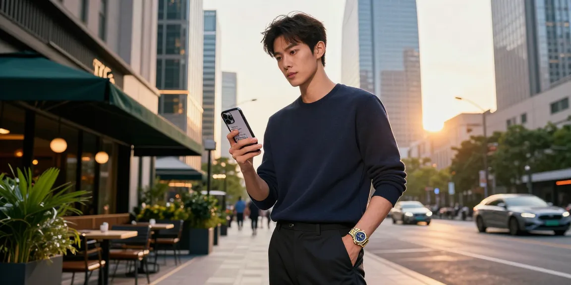 Fashionable individual showcasing a stunning Rolex replica in a vibrant urban setting.