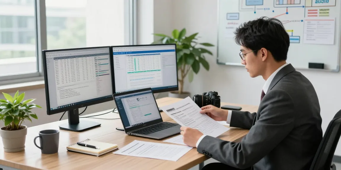 Forensics audit scene at aafikotacimahi.org, auditor reviewing financial documents in a modern office.